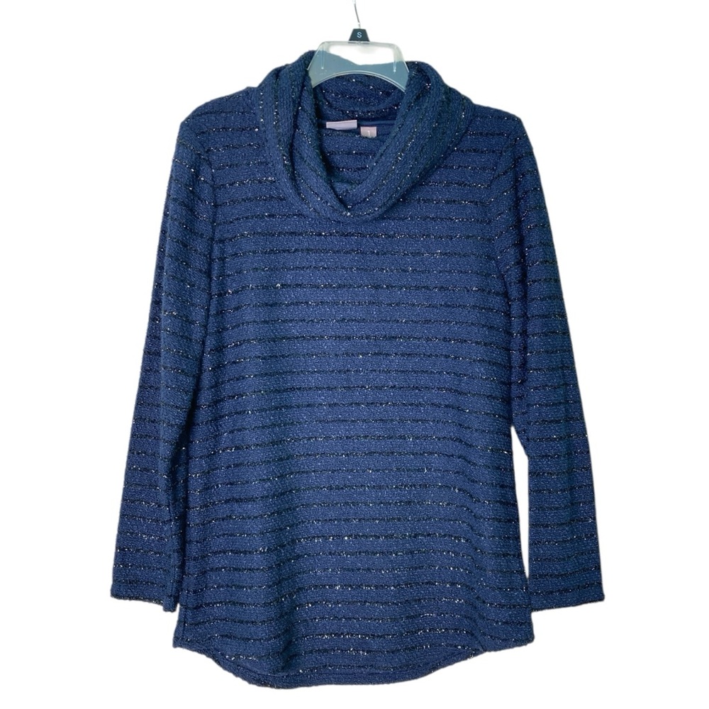 Chicos Sparkle Lurex Stripe Cowl Neck Tunic Top Knit Navy‎ Black (Size M)